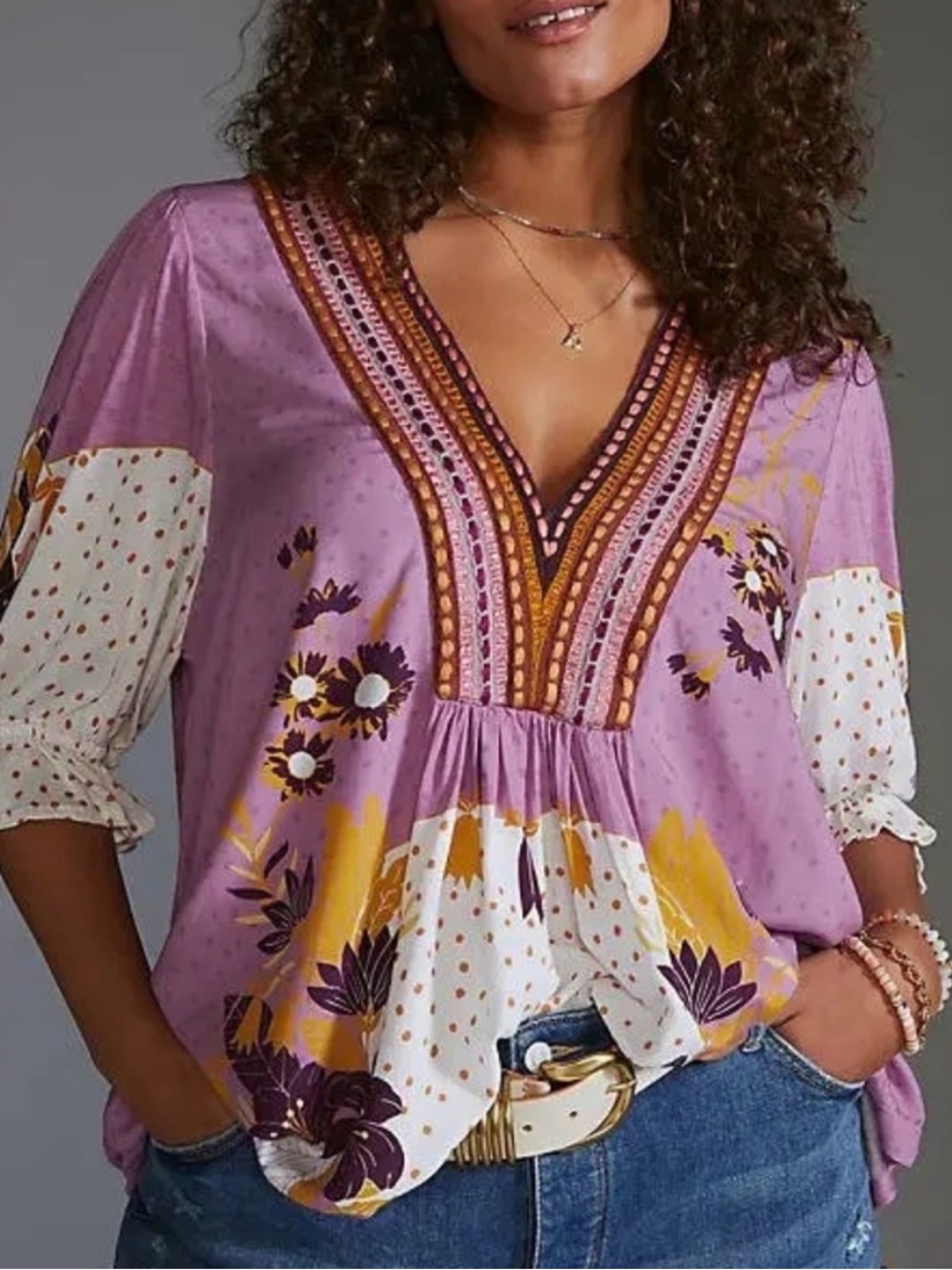 Floral V-Neck Boho Tunic Top in Lavender